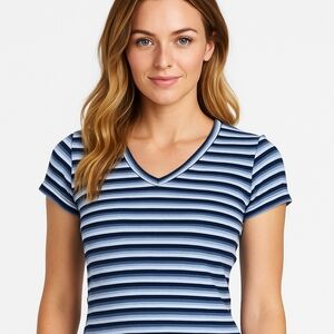 K) Blue & White Striped Fitted Tee – Size 11/13 Juniors
